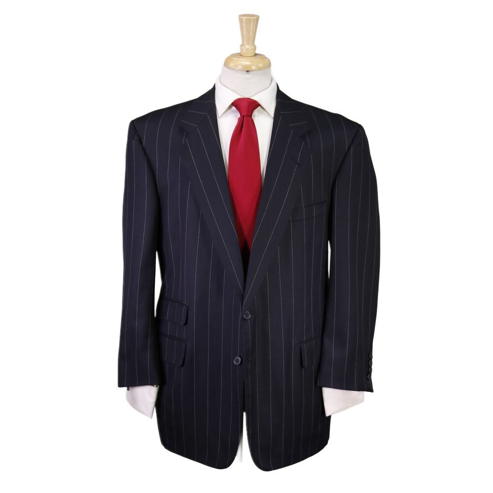 Edgar Pomeroy Bespoke Suit Navy Blue Pinstripe 2-Btn Wool Handmade Suit 46R